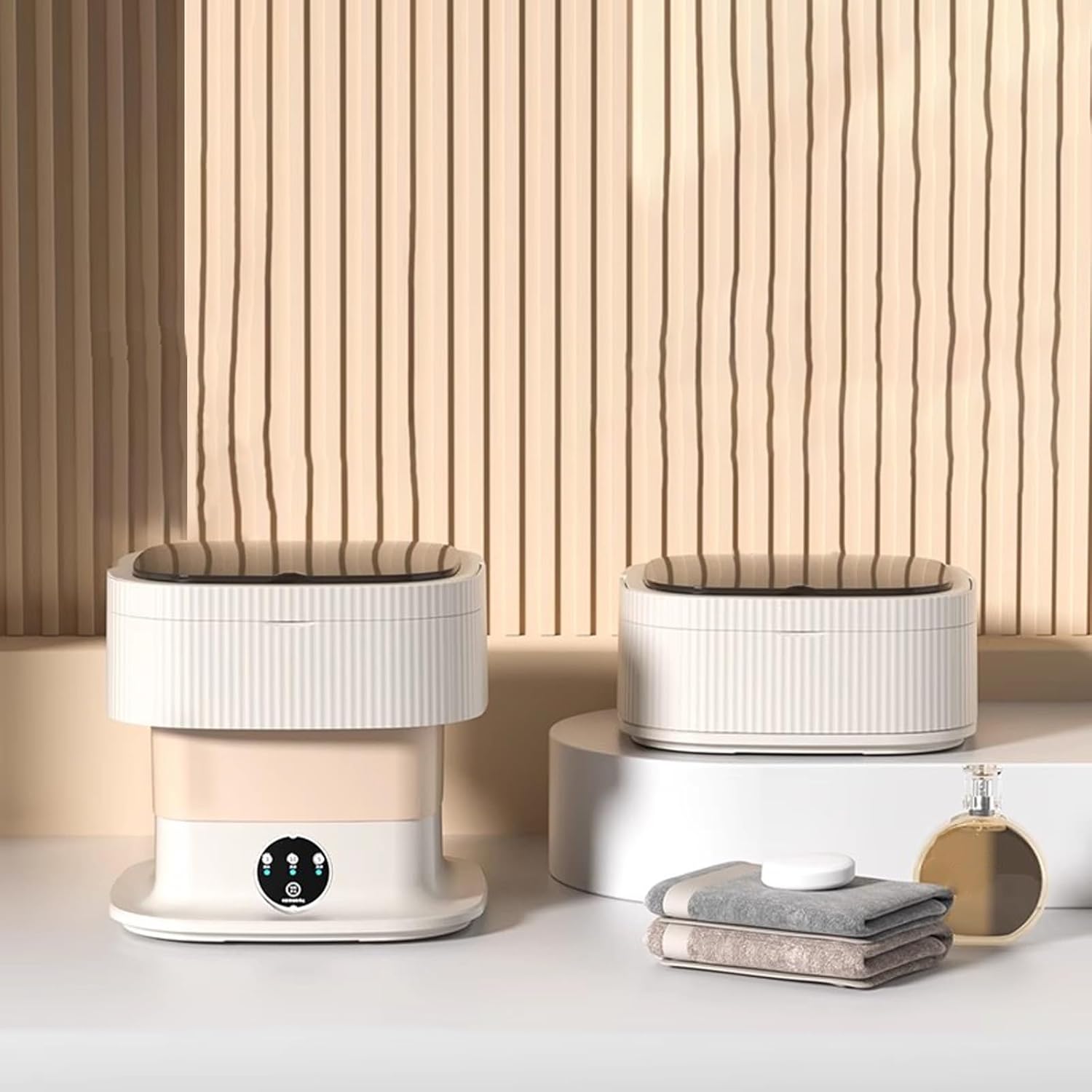 Portable Washing Machine, 10L Foldable Mini Washer with Spin Basket, Small Collapsible Laundry, for Travel, Camping, Apartment, Baby Clothes,Underwear, Socks(Brown)