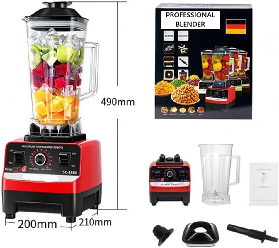 Professional Countertop 4500W Heavy-Duty Commercial Blender with Copper Motor, 2L BPA-Free Jar, Variable Speed & Pulse, Ice Crusher Smoothie Maker for Shakes, Frozen Drinks, Hot Soup – Red/Black