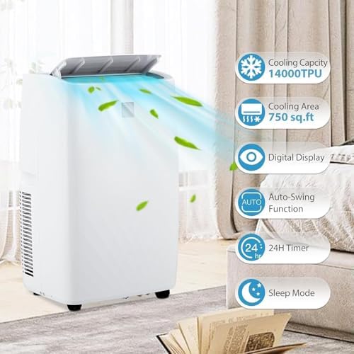 Portable Air Conditioners 14000 BTU, Remote Control AC with 24H Timer, Low Noise Energy Saving Cooling Unit for Bedroom, Office, Small Spaces 750 Sq. Ft, White