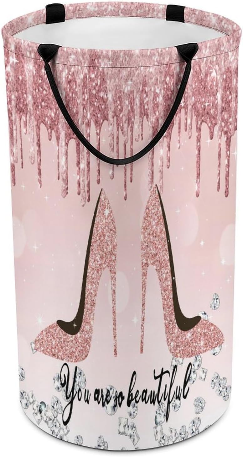 Pink And High Heel Laundry Hamper Dirty Clothes,High Heels Shoe Feminine Glitter Pattern Large Laundry Basket Storage Basket For Bathroom 15.7W