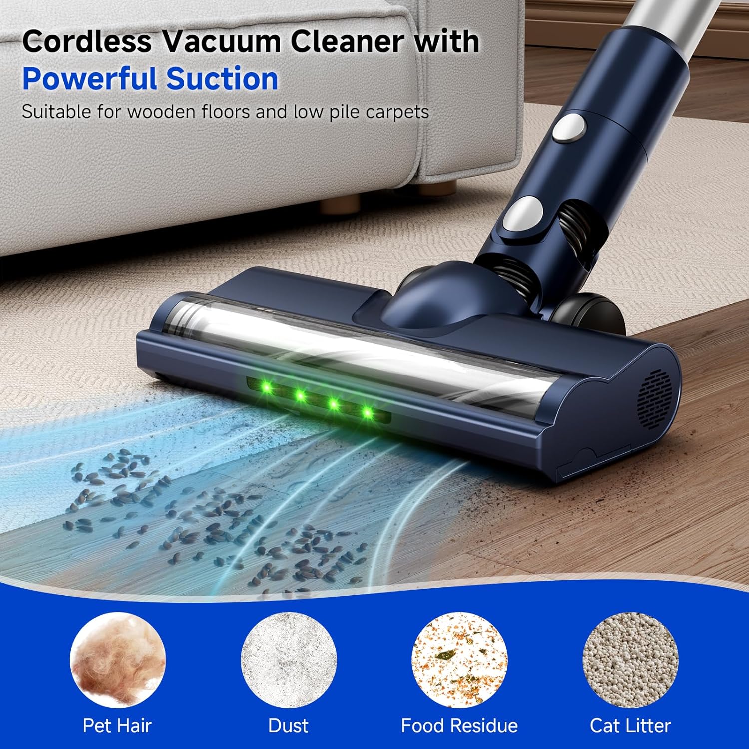 Cordless Vacuum Cleaner, Powerful Suction Vacuum Cleaners for Home, Anti-Tangle Pet Hair Brush, Lightweight, Self-Standing, Green LED Headlight, 6-in-1 Stick Vacuum for Carpet Hardwood Floor