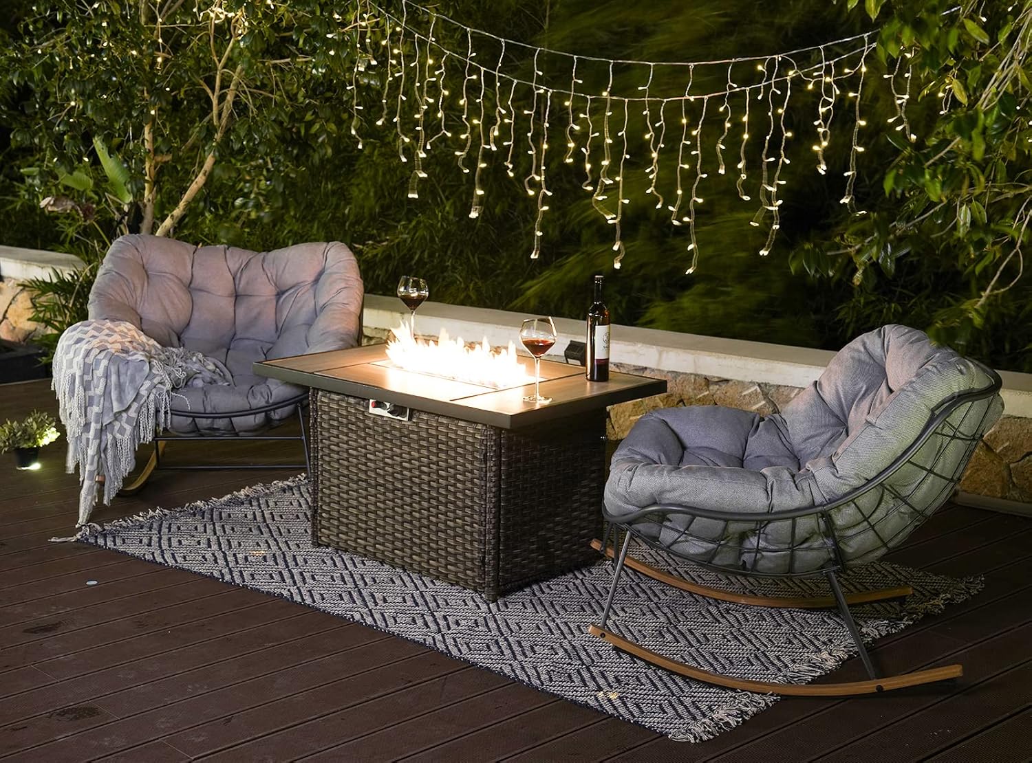 Grand patio Rocking Chair Set of 3, Rectangular Propane Fire Pit Table with Resin Wicker Base and Ceramic Tabletop, Royal Rocking Chairs with Padded Cushion and Faux Woodgrain Base