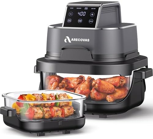 4-in-1 Portable Glass Air Fryer, 140–400°F Precise Heat, Max Crisp Technology, 4.2QT & 1.6QT Dual Containers with Lids, Freezer & Dishwasher Safe, Bake, Recrisp, Air Fry