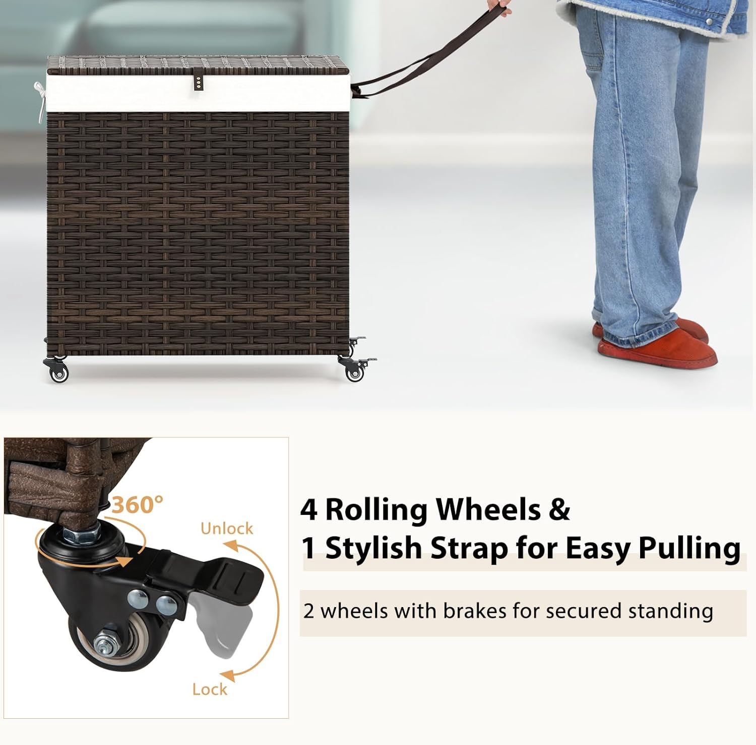 Giantex Laundry Hamper w/Wheels, 3 Section Hamper 125L w/2 Removable Liner Bags, Handwoven Rattan Divided Laundry Basket w/Lid and Handle for Laundry Sorter for Bathroom Bedroom (Brown)