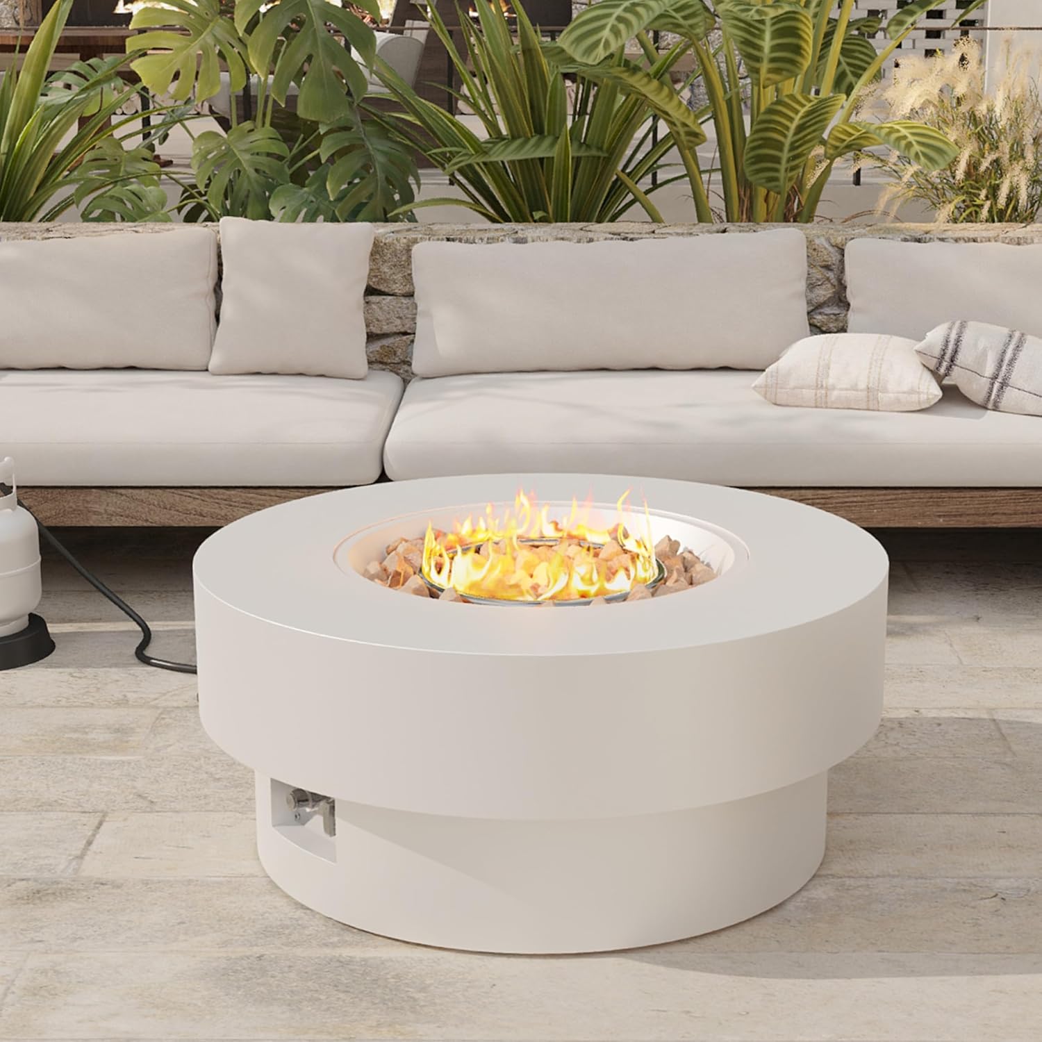 32 inch Outdoor Propane Fire Table, Round Patio Fire Pit Table, 50,000 BTU Gas FirePit with Lid, Cover, Lava Rocks, CSA Certified, White
