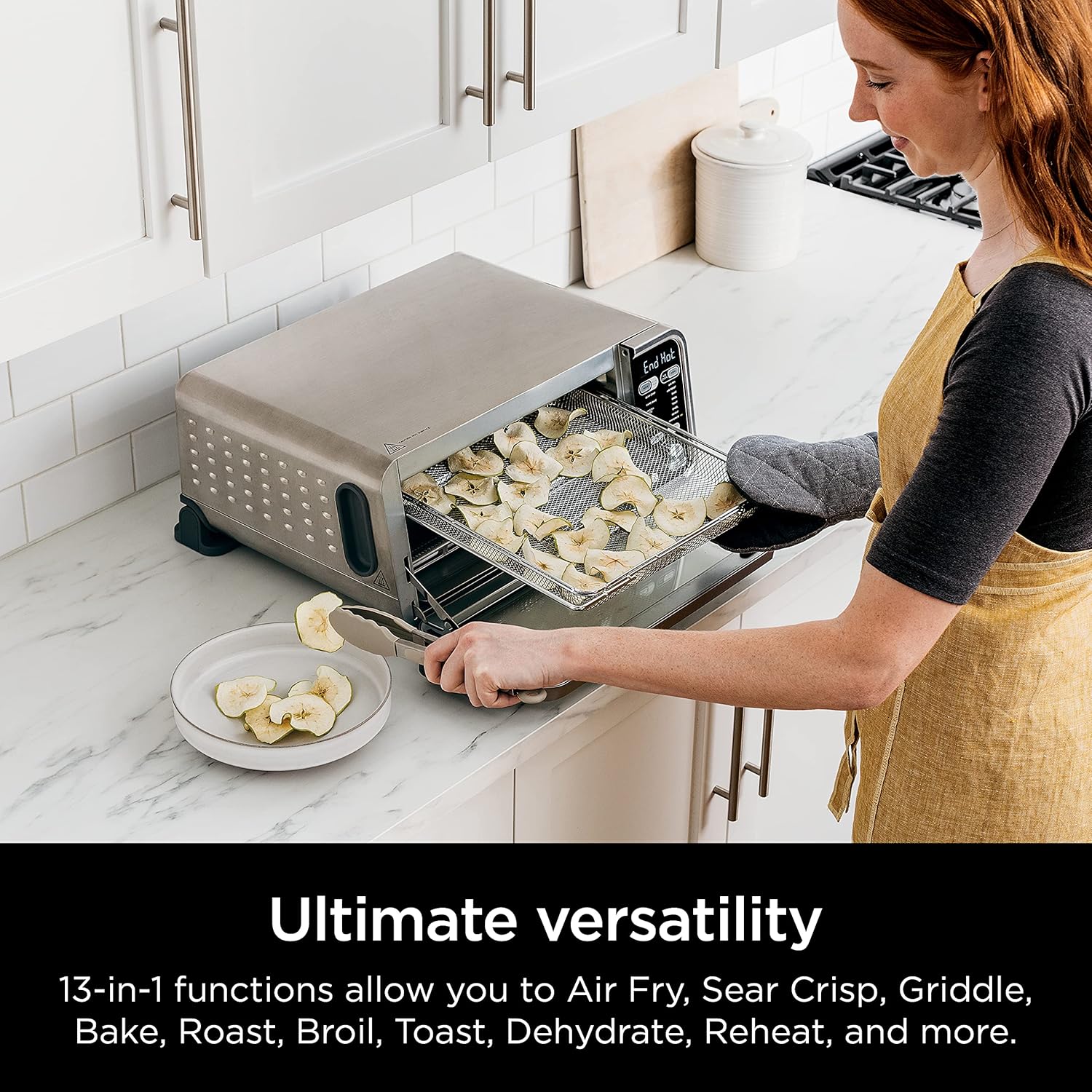 Ninja SP301 Dual Heat Air Fry Countertop 13-in-1 Oven with Extended Height, XL Capacity, Flip Up & Away Capability for Storage Space, with Air Fry Basket, SearPlate, Wire Rack & Crumb Tray, Silver
