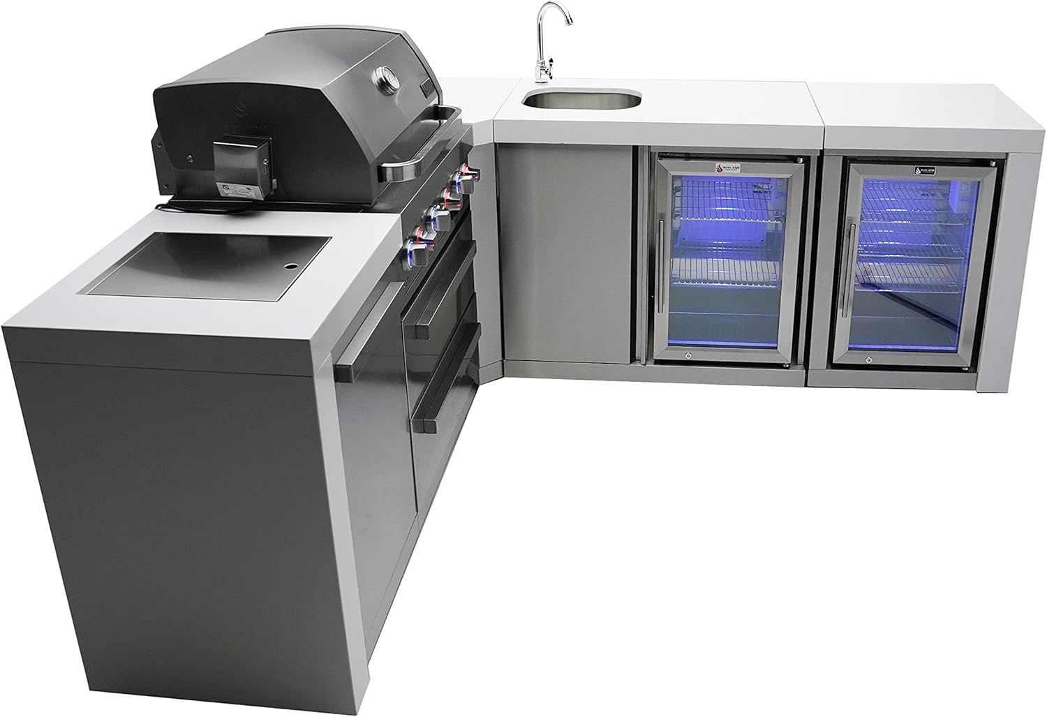 Mont Alpi MAi400-D90BEVFC 32-Inch 4-Burner 78000 BTU 90 Degree Deluxe Island Outdoor Kitchen Bar Gas Island Grill w/Wine Cooler Beverage Center Refrigerator + Granite Countertops + Faucet & Sink