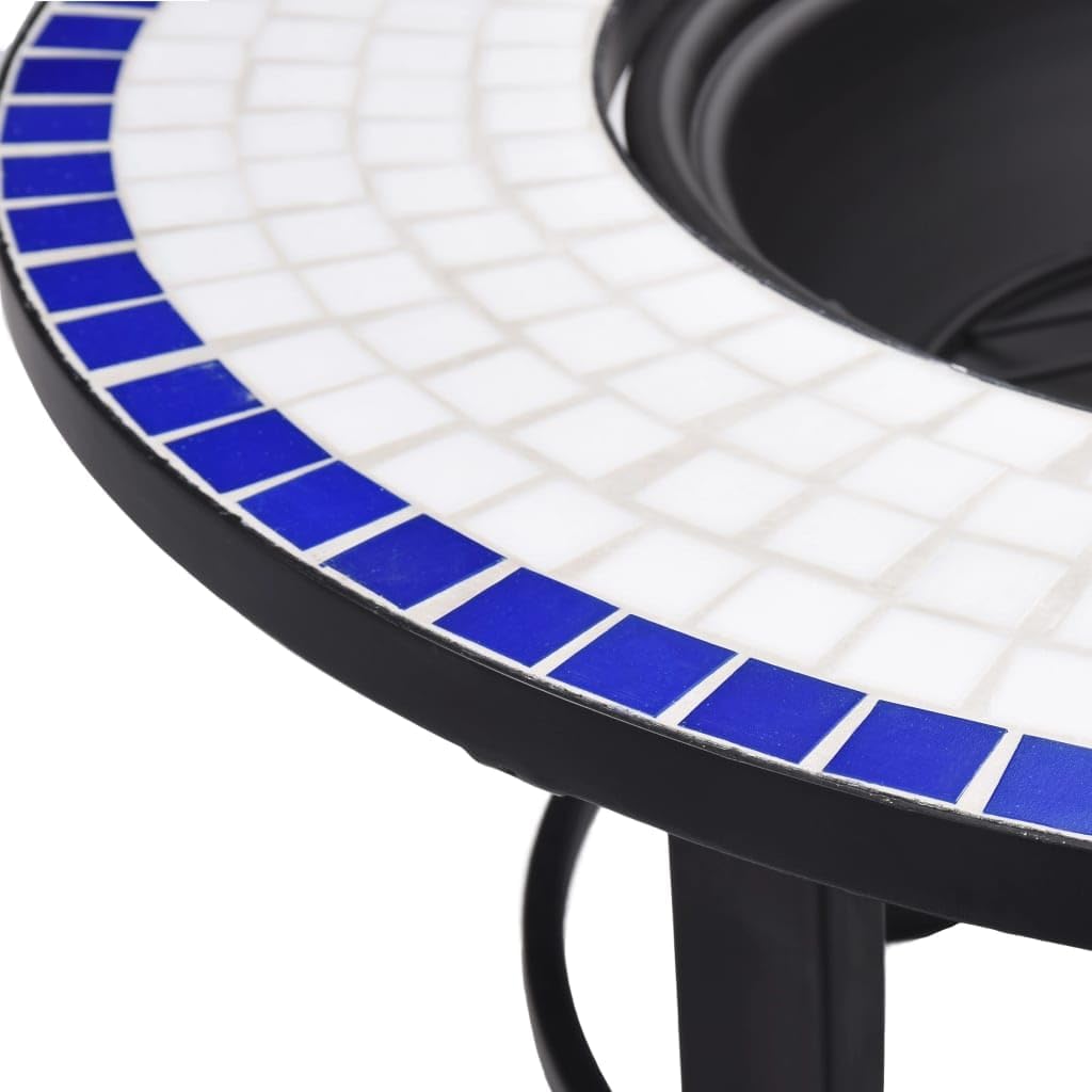 Mosaic Fire Pit Blue and White Steel Fire Pit Bowl with Grid and Tabletop for Outdoor Heating and BBQ Use 26.8