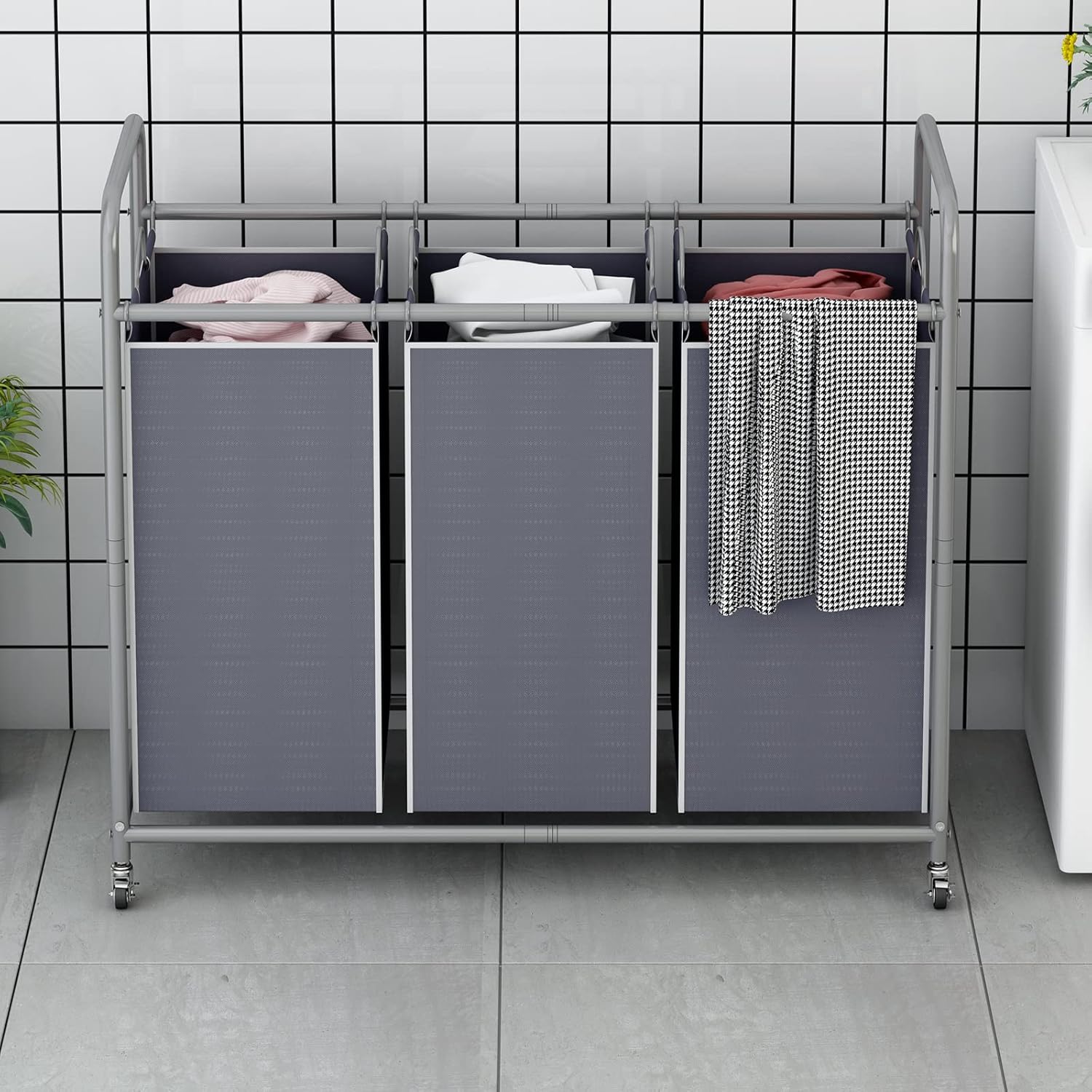 LINZINAR 3-Bag Laundry Sorter,Laundry Hamper Cart with Heavy Duty Rolling Lockable Wheels and Removable Bags (Grey)