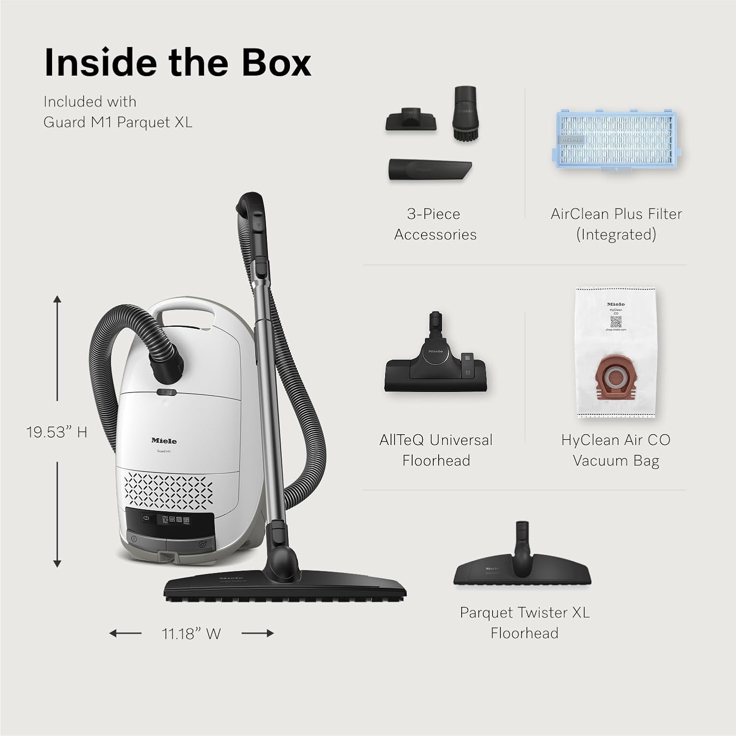 Miele New Guard M1 Parquet XL Bagged Canister Vacuum Cleaner with AirClean Plus Filter, AllTeQ Universal Floorhead, and Parquet Twister XL Floorbrush, LED Icon Display, in Brilliant White