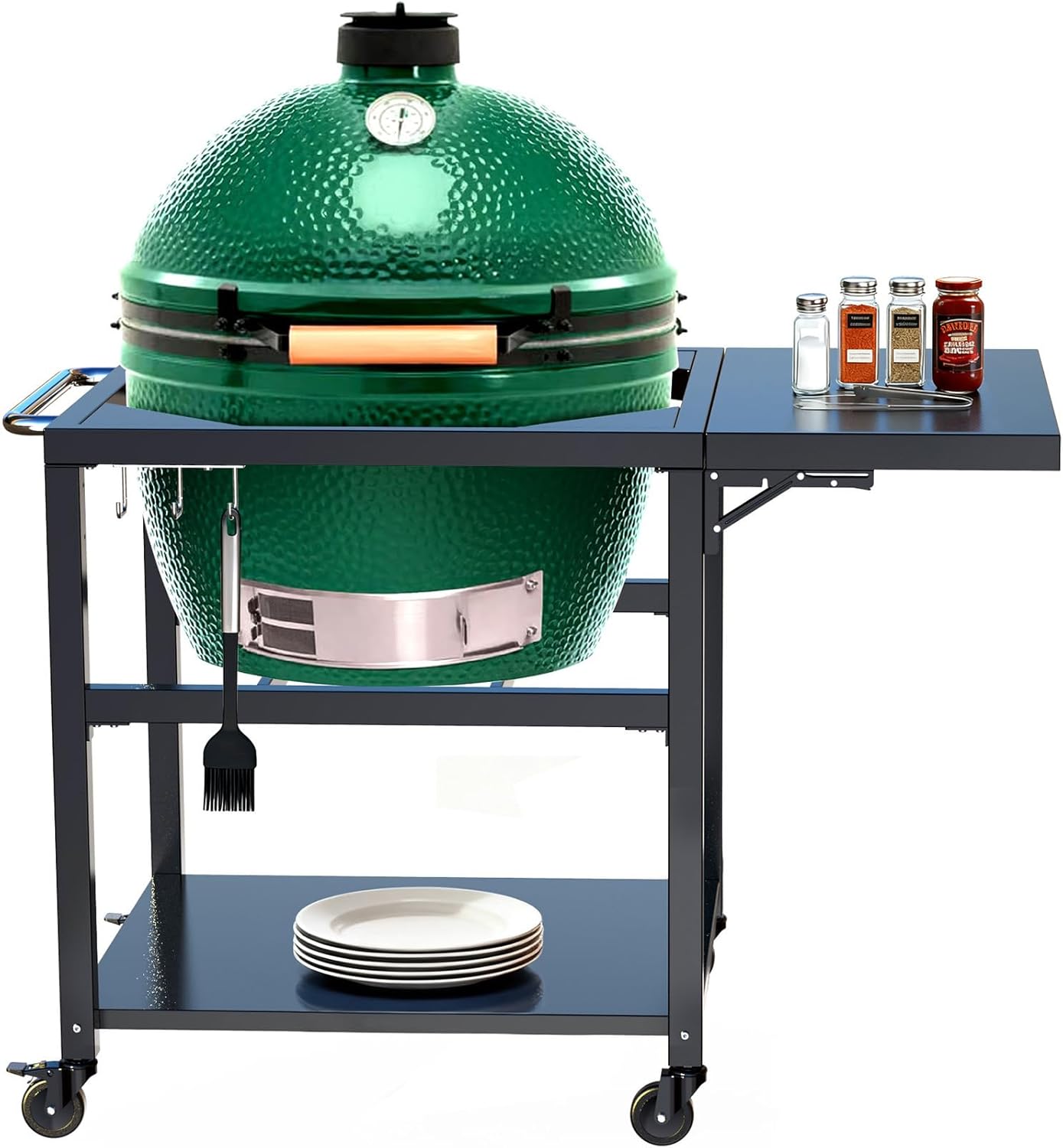 Outdoor Grill Table for XL Big Green Egg Accessories, Heavy Duty Metal Cart Prep Table with 3 inch Caster Wheels, Storage Shelf, Hooks, Compatible with XLarge Big Green Egg Grill, Kamado Joe