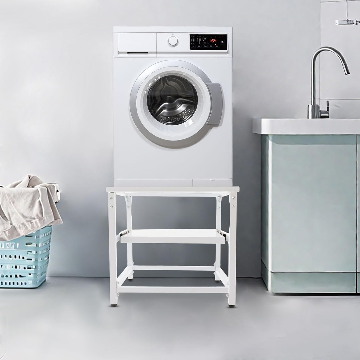Washer and Dryer Pedestal Stand 27” Heavy Duty Laundry Stand with Shelf Washer Base Stand Washing Machine Pedestal with Storage, Universal Fit, 800 LBS Capacity (White)