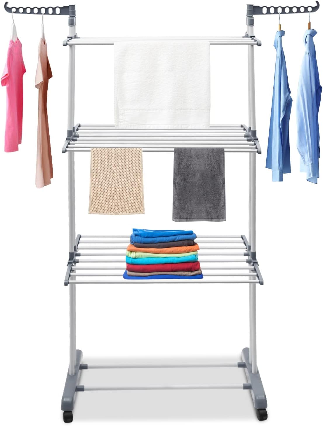 4-Tier Gray Foldable Clothes Drying Rack Rolling Dryer Hanger Stand Outdoor Washing Line Clothes Dryer Storage Rack Metal Laundry Garment Dryer Stand with 2 Side Wings, Bedroom Balcony Use (Gray)