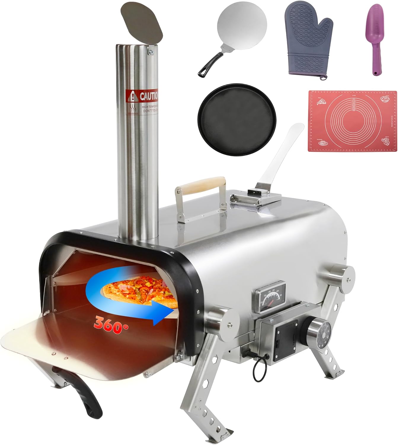 Stainless Steel Outdoor Pizza Oven, Wood Fired Pizza Stove with 12 inch Automatic Rotating Pizza Stone, Portable BBQ Grill for Backyard Parties, Camping, and Picnics (Silver)