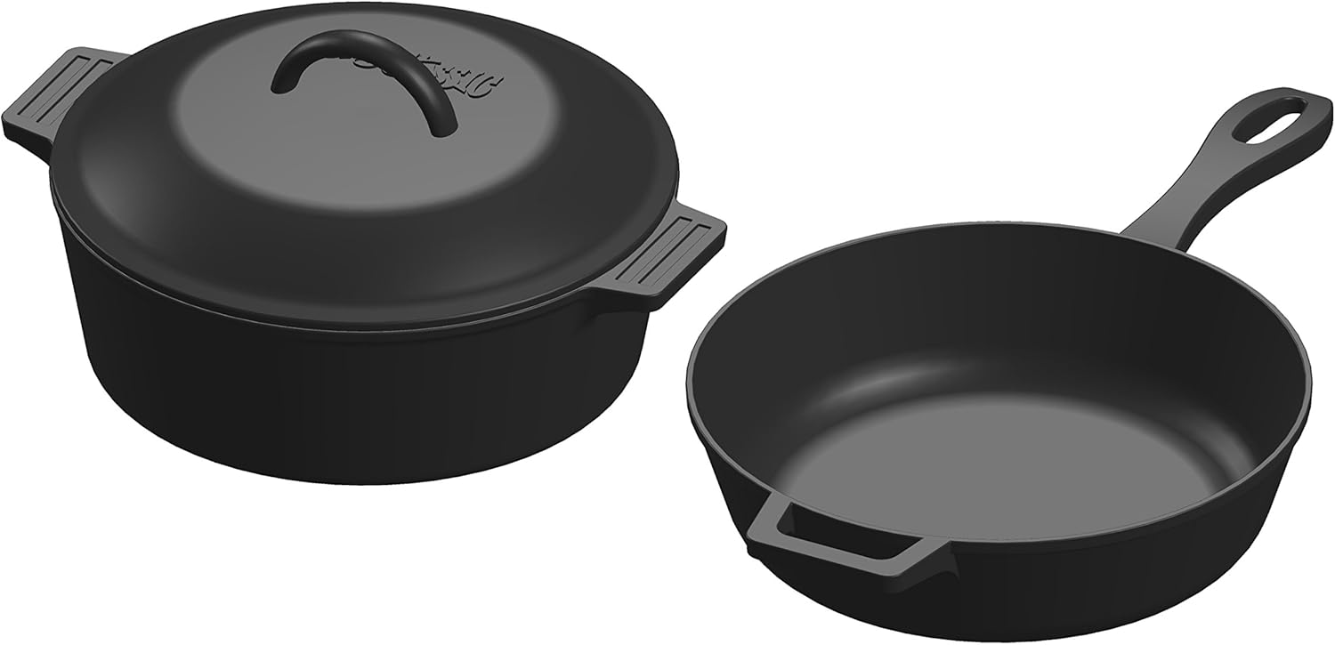 Bayou Classic 7658 3-pc Cast Iron Cookware Set Features 3-qt Skillet and 4-qt Pot w/Interchangeable Domed Basting Lid Perfect for Searing Braising Slow Simmering Soups Baking Apple Pie and Cobbler