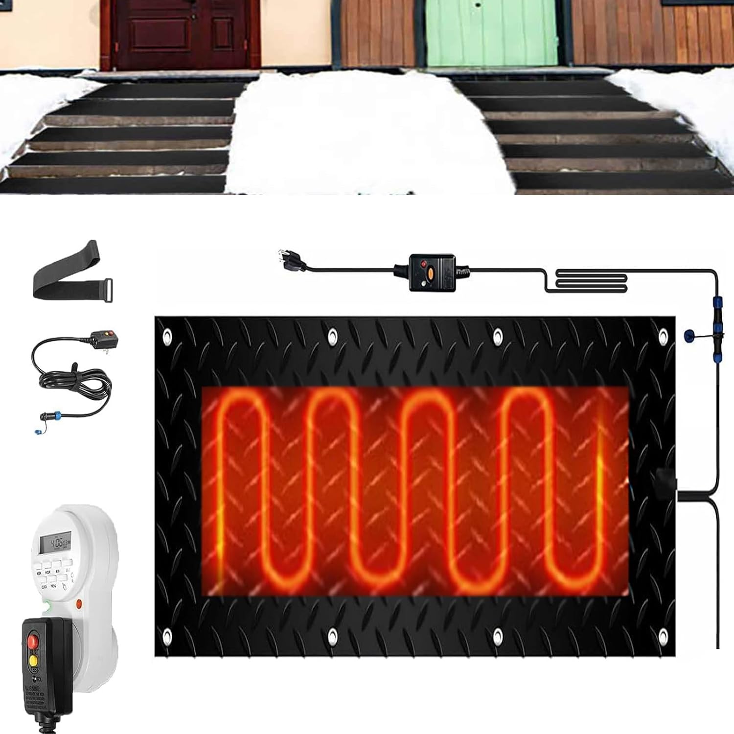 Heated Snow Melting Mats with Timer, 1/2/3/4/5 Pcs Snowmelt Heated Walkway Mats,Non-Slip Electric Heated Foot Mats Rubber Heated Mats for Narrow Walkways Garages(1 Pcs,12x36in/(30x90cm))