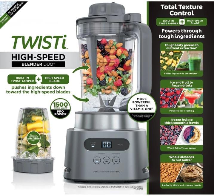 Ninjjaa TWISTi High-Speed Blender: 1500W, Auto-iQ, Twist Tamper for Smoothies & Nutrient Extraction,Frozen Drinks & Spreads with Hybrid-Edge Blades