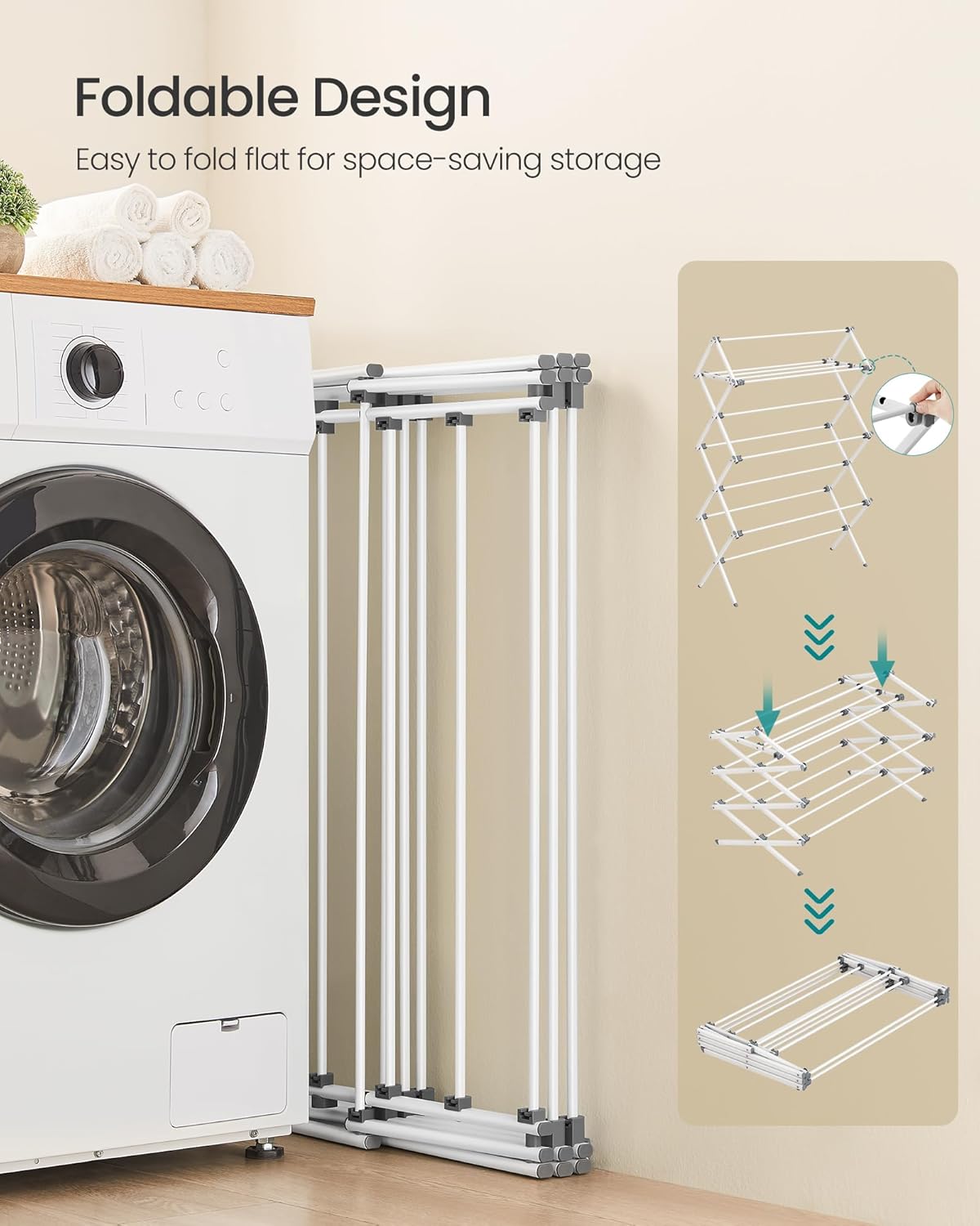 SONGMICS Foldable Clothes Drying Rack, Laundry Drying Rack, Clothes Airer, Steel Frame, 14.6 x 36.6 x 53.2 Inches, Easy Assembly, Indoor Outdoor Use, Pearl White ULLR771W01