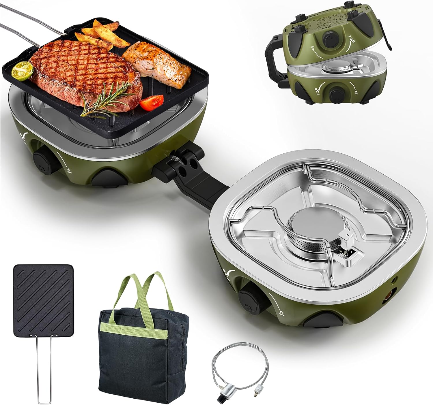 BODEGA 2 Burner Camping Stove, 20000 BTU Folding Propane Camp Stove with Adjustable Burners,Portable Dual Gas Stoves with Carry Handle&Bag Frying Pan for Camping,BBQ,RV,Home,Camping Essentials Gear