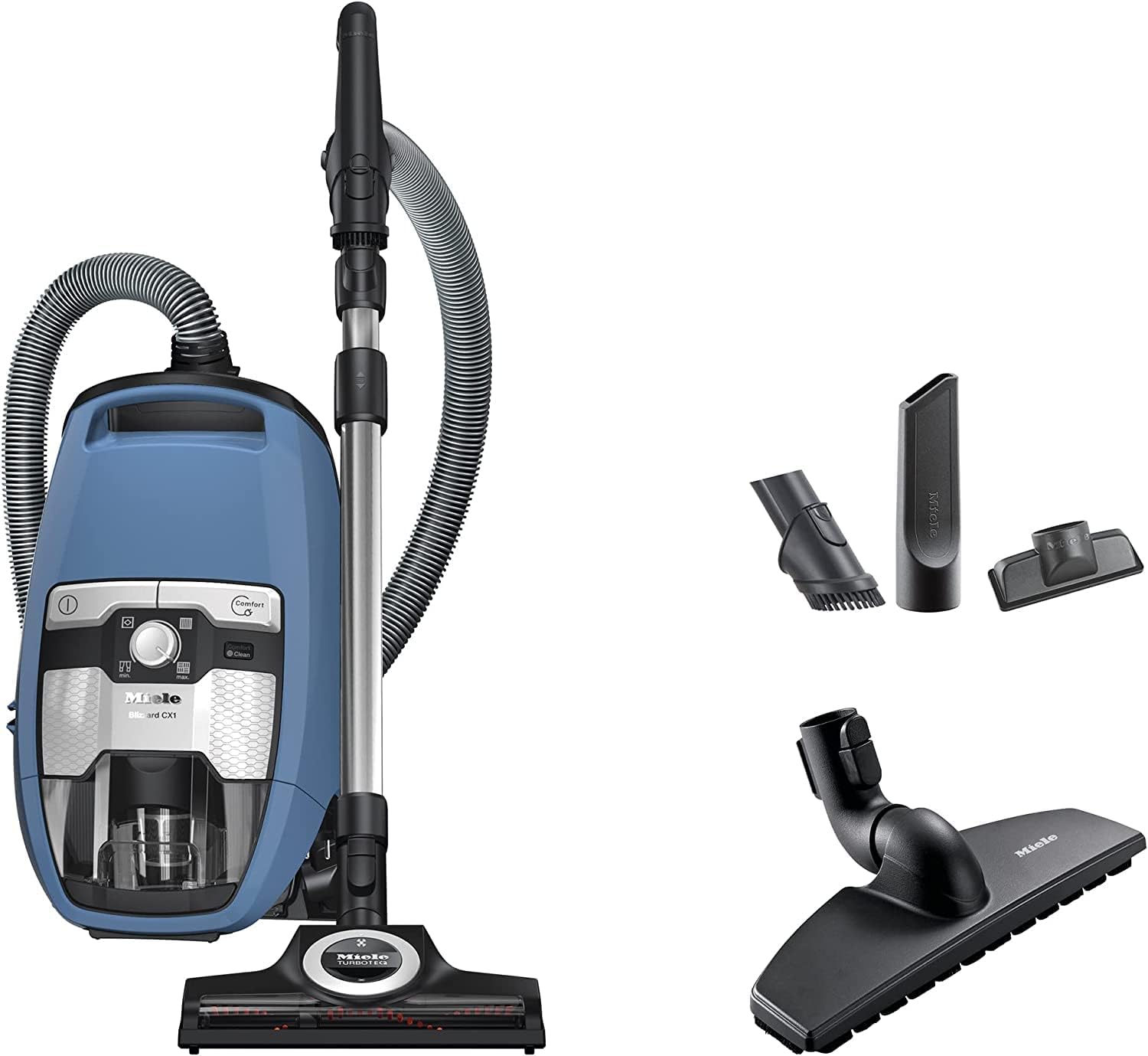 Miele Blizzard CX1 Turbo Team Bagless Canister Vacuum, Tech Blue with STB 305-3 TurboTeQ, SBB 300-3 Parquet Twister Floorhead, Dusting Brush on Handle,Crevice Tool and Upholstery Tool (7 Items)