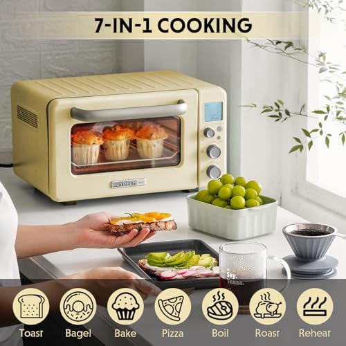 BUYDEEM T103 Countertop Toaster Oven 12QT, No Pre-Heat Needed, 7 Cooking Modes, Retro Mini Toaster Oven with Grill Rack and Baking Tray, Mellow Yellow