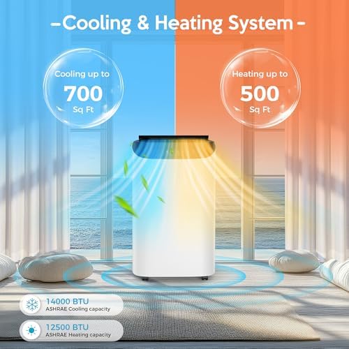 14000 BTU Portable Air Conditioners with Heater, Remote Control, 4-in-1 Free Stand Smart Cooling AC Unit with Heating, Dehumidifier, Fan Mode for 550-700 sq.ft Room, Auto Swing,Timer, Black