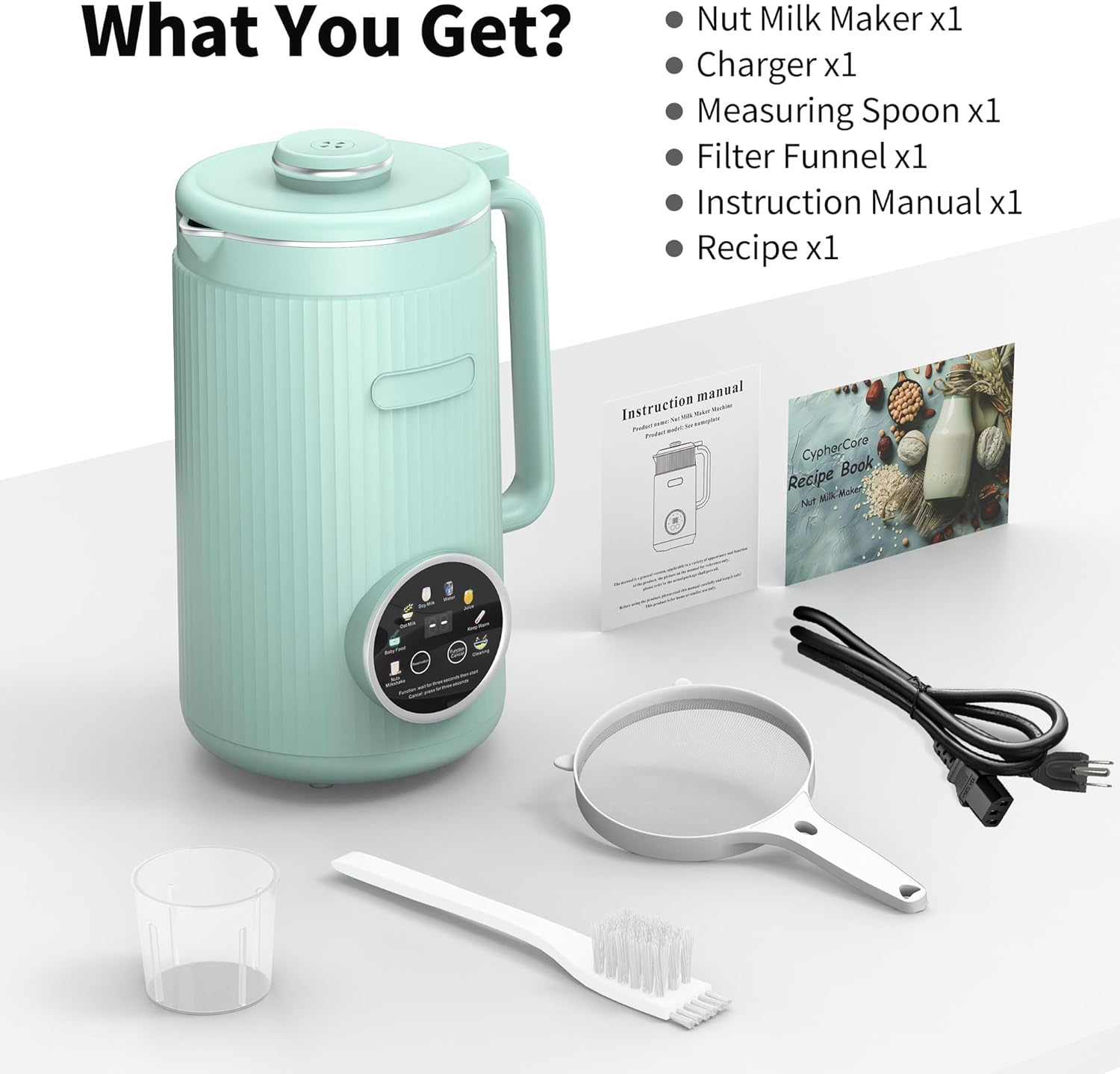 35oz Soy Milk Maker Machine: 8-in-1 Nut Milk Maker for Oat Milk, Vegan Drinks, Baby Food Blender - Plant-Based Milk Machine with Stainless Steel, LED Touch, Auto Shutoff (Green)