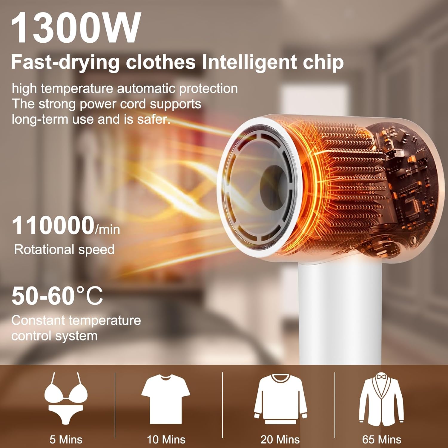 Portable clothes dryer 1300W high-speed dryer and hairdryer in one. Fast-drying for clothes, underwear, and socks, making ideal for use in hotels, travel, camping, dorms, gyms, apartments (White)