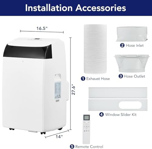 12,000 BTU Smart Portable Air Conditioner for 550 sq.ft with Drain-Free Cooling, Dehumidifier & Fan Modes, 48dB Quiet, Remote Control & 24H Timer, Easy Window Kit, Washable Filter