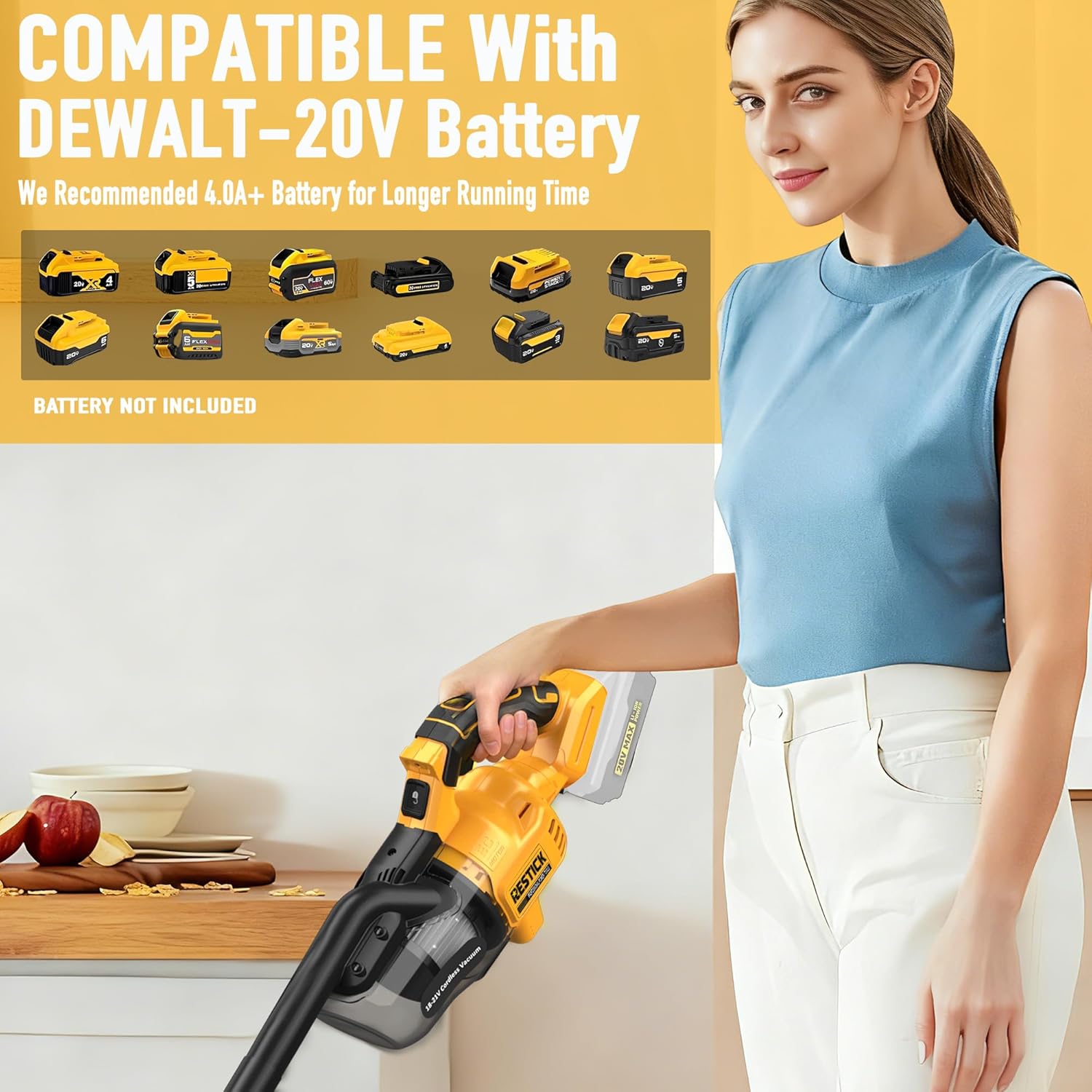 Cordless Vacuum Cleaner for Dewalt 20V Battery (No Battery), 35kPa Strong Suction 65CFM, Brushless Handheld Vaccum Kit with 4-Nozzle Portable Design, 4 Washable HEPA Filters (Tool Only)