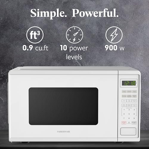 Farberware 0.9 Cu. Ft. Countertop Microwave Oven – 900 Watts Power, Auto Cook Settings, Defrost, Easy Clean and Child Safety Lock - White