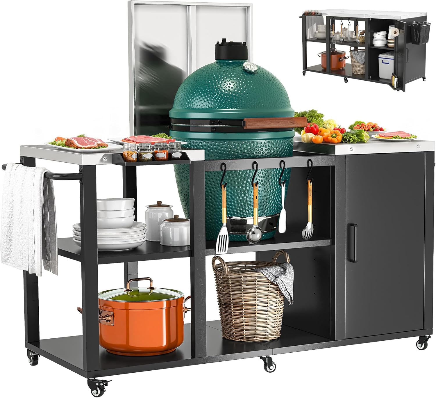 YITAHOME Big Green Egg Grill Table with Removable Stainless Steel Tabletop, Outdoor Kitchen Island with Spice Rack, Paper Towel Holder, and Trash Bag Holder, BBQ Prep Table for Parties
