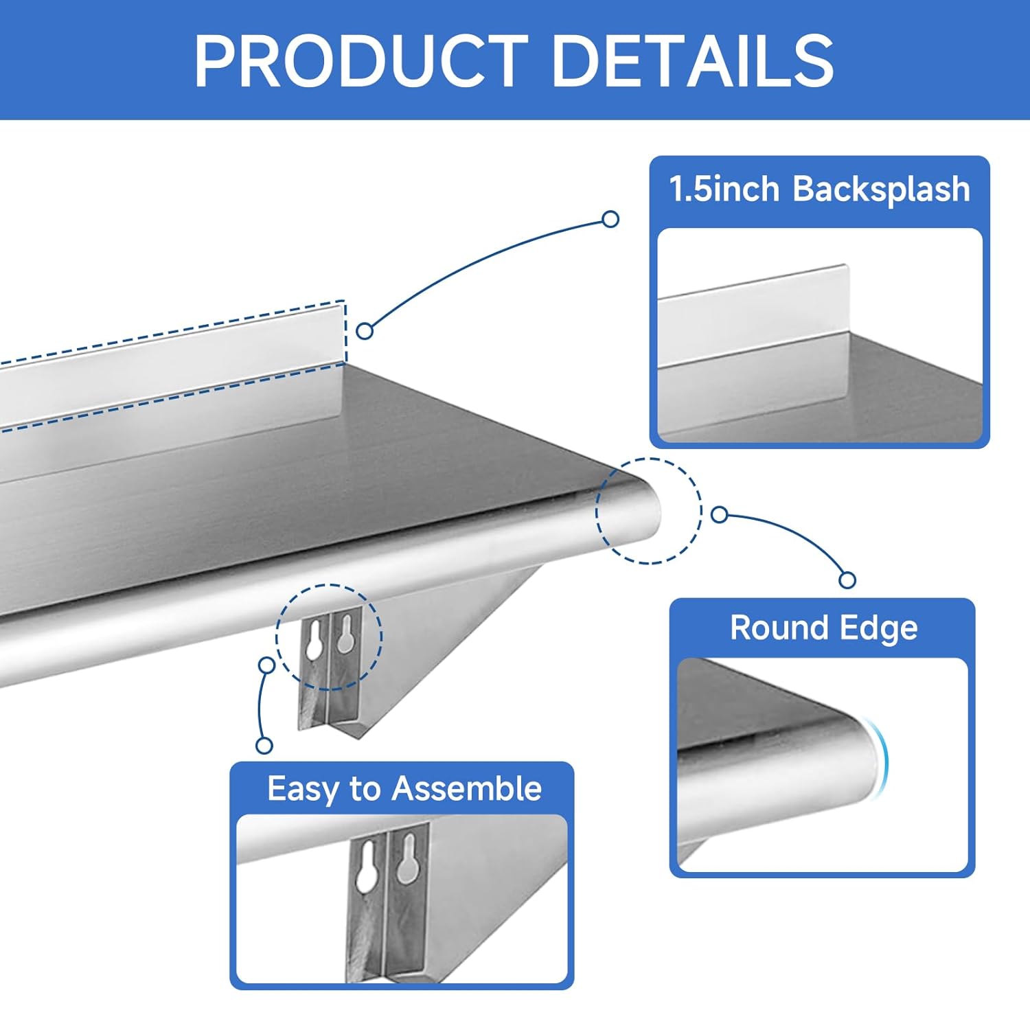 ROCKPOINT Stainless Steel Shelf 12 x 72 Inches 450lb, 2 Pack NSF Commercial Wall Mount Floating Shelving with Backsplash for Restaurant, Kitchen, Home and Hotel, Silver