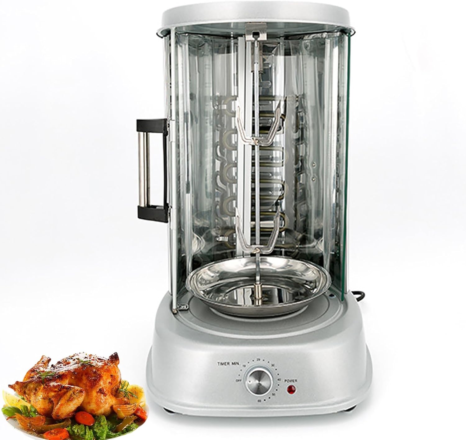 1380W Electric Rotating Vertical Rotisserie Grill - Smokeless 360° Shawarma BBQ Machine with 3 Grills, 60 Min Timer, Sliding Glass Door & Auto Shut-Off for Perfectly Cooked Meats