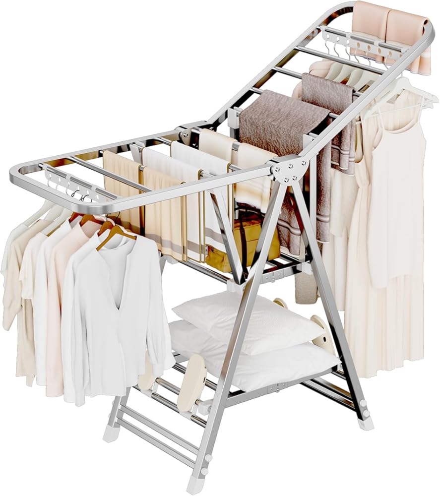 MIKEE Clothes Drying Rack,Stainless Steel Foldable Laundry Drying Rack with Height Adjustable Wings,Clothes Rack with Shoe Rack,Windproof Hanging Holes and Wheels，132 lb,Indoor Outdoor Use