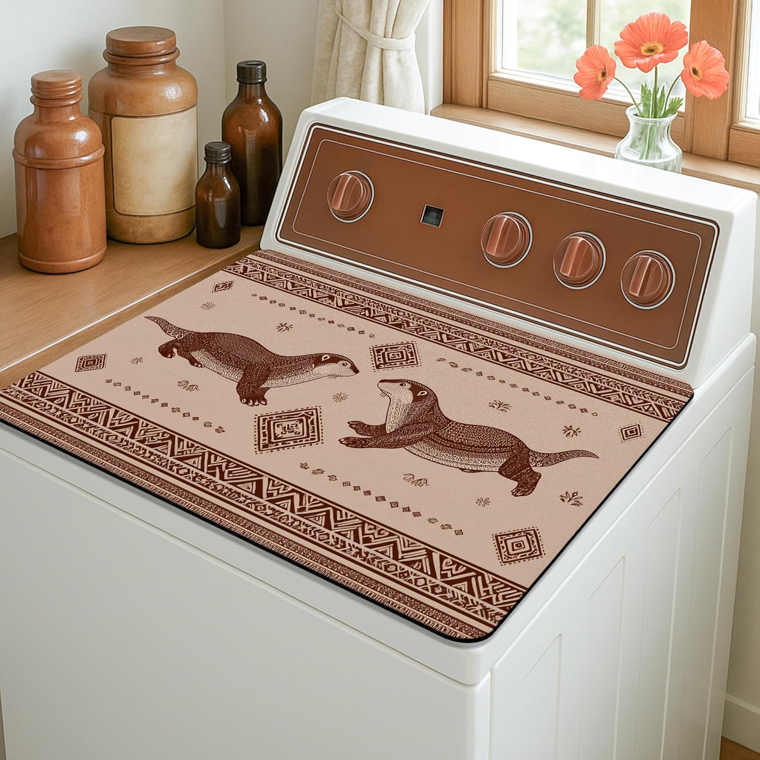 Otter Washer Dryer Top Protector Mat, Vintage Animal Patterned Laundry Machine Dust Covers, Rustic Rubber Anti-slip Waterproof Washer And Dryer Mats for Home 20x24 Inch