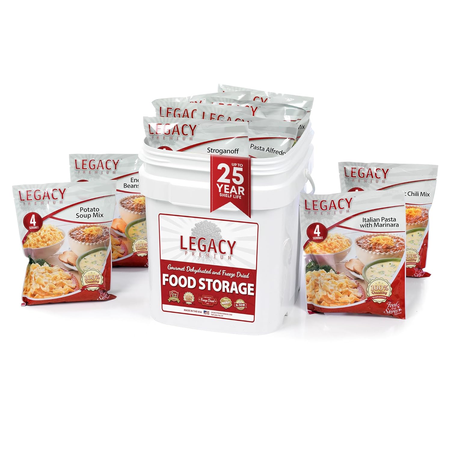 Legacy Food Storage 60 Serving Emergency Food Supply Bucket, 12 Entrees, 23,400 Total Calories, Shelf Stable Lunch & Dinner, Freeze Dried Survival Meals for MRE Camping, Hiking, Prepping