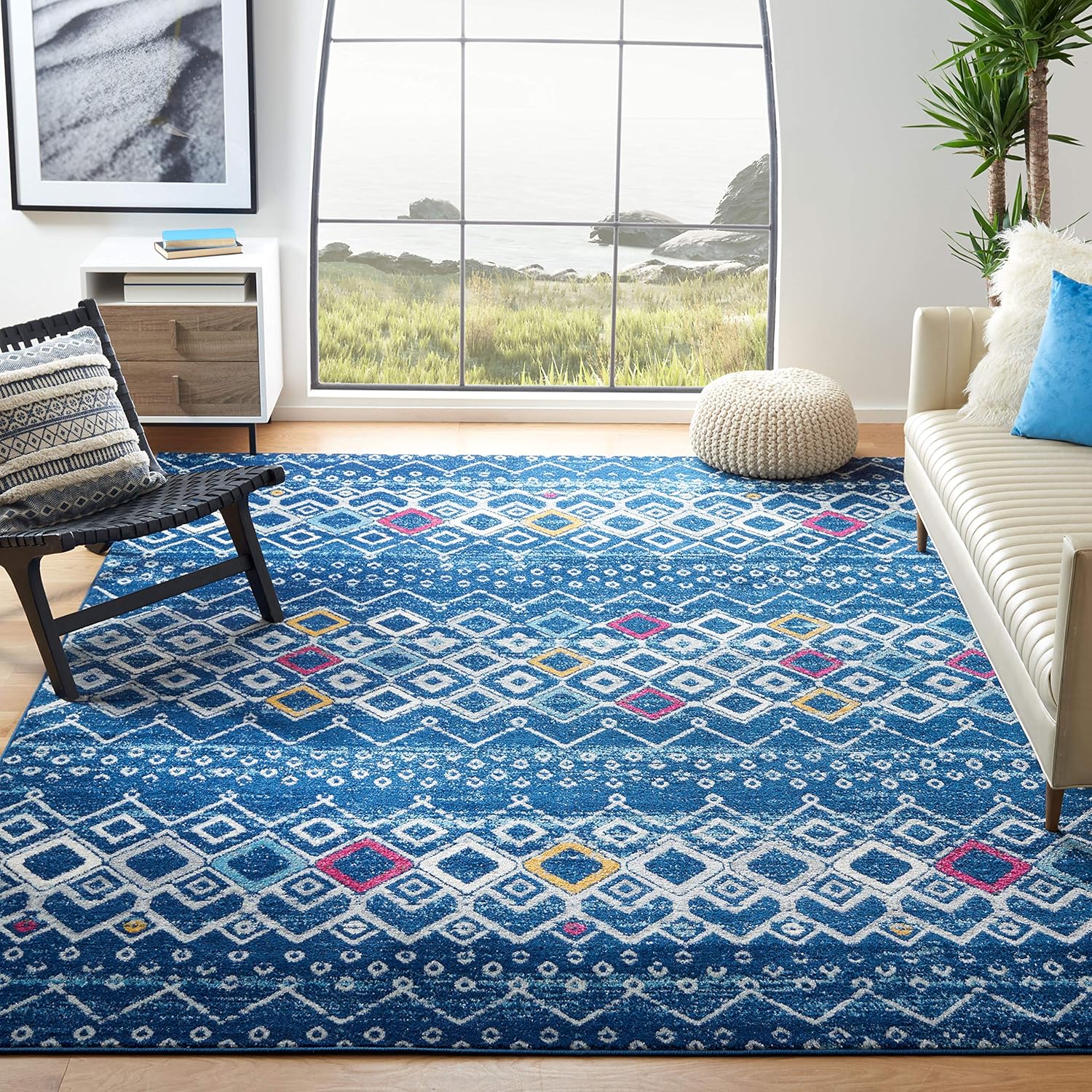 SAFAVIEH Amsterdam Collection Area Rug - 8' x 10', Navy & Turquoise, Moroccan Boho Design, Non-Shedding & Easy Care, Ideal for High Traffic Areas in Living Room, Bedroom (AMS108M)