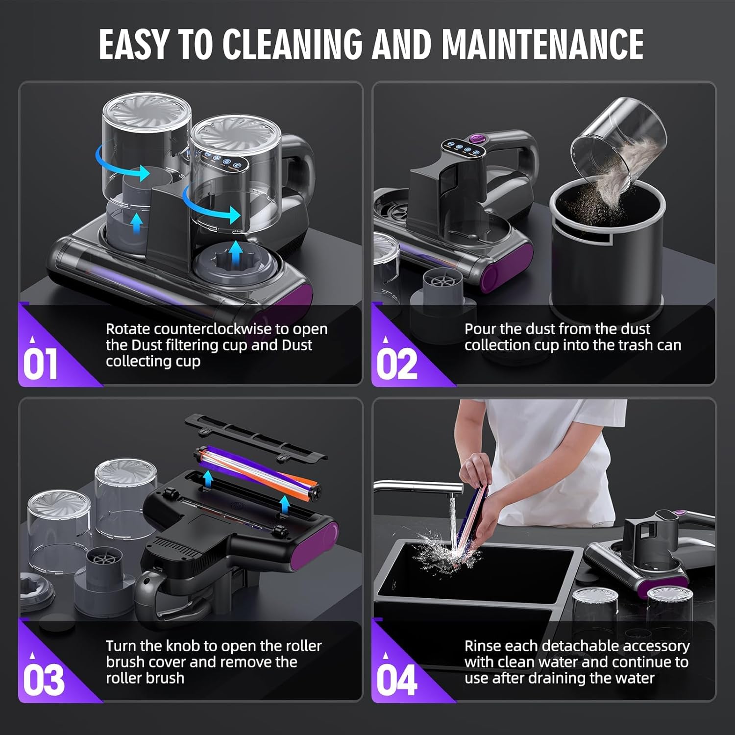 Mattress Vacuum Bed Vacuum Cleaner 16Kpa Suction 253.7nm UV-C Light, 140°F Heated Air, 30000 RPM Brushroll, Ultrasonic, HEPA Filter, Handheld Vacuums for Carpet/Sofa, 500W Corded, (Dark Gray)