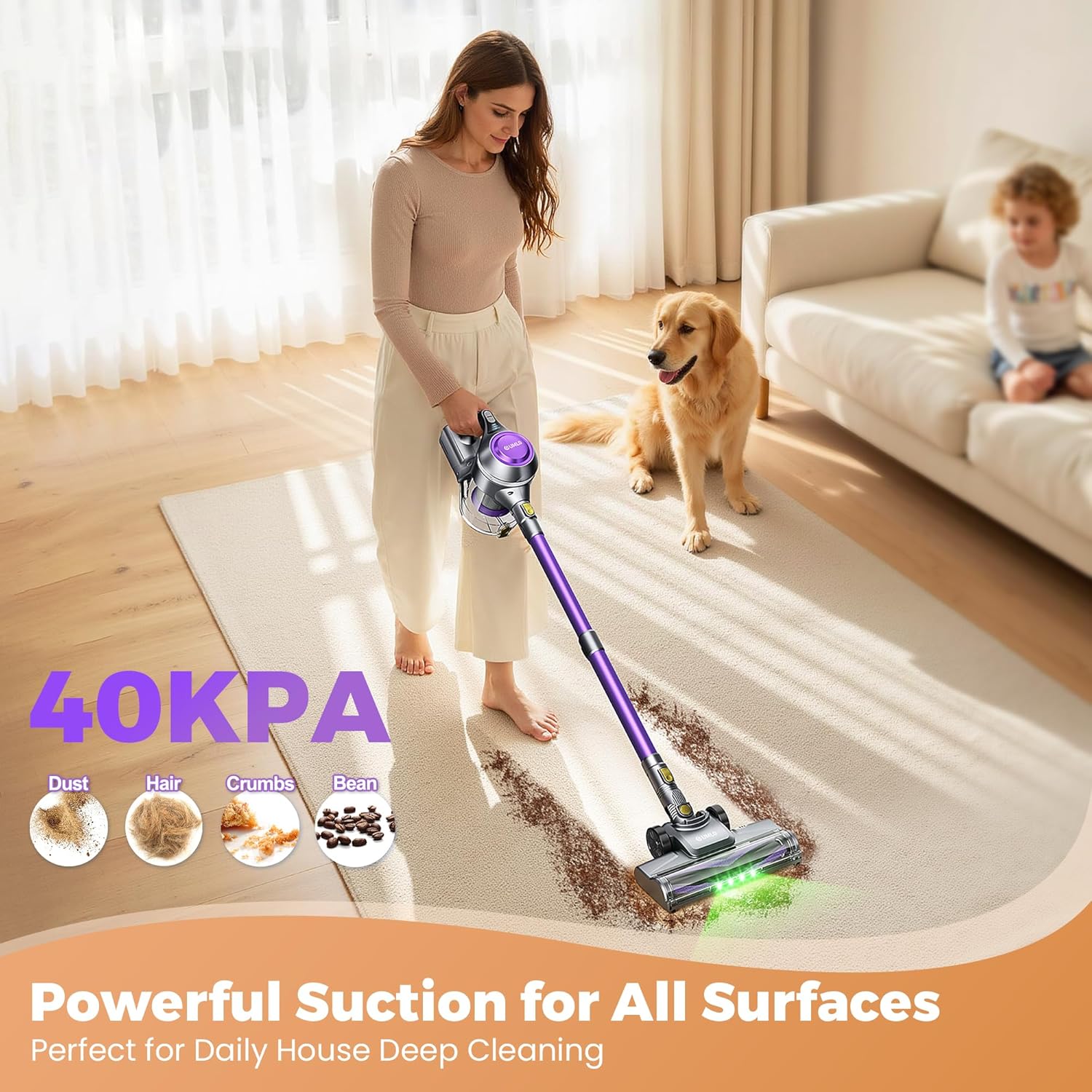 Cordless Vacuum Cleaner, 40Kpa Powerful Suction Stick Vacuum Cleaners for Home, 45 Mins Runtime, 1.6L Dust Box, Anti-Tangle, 8-in-1 Rechargeable Vacuum for Hardwood Floor, Carpet, Pet Hair