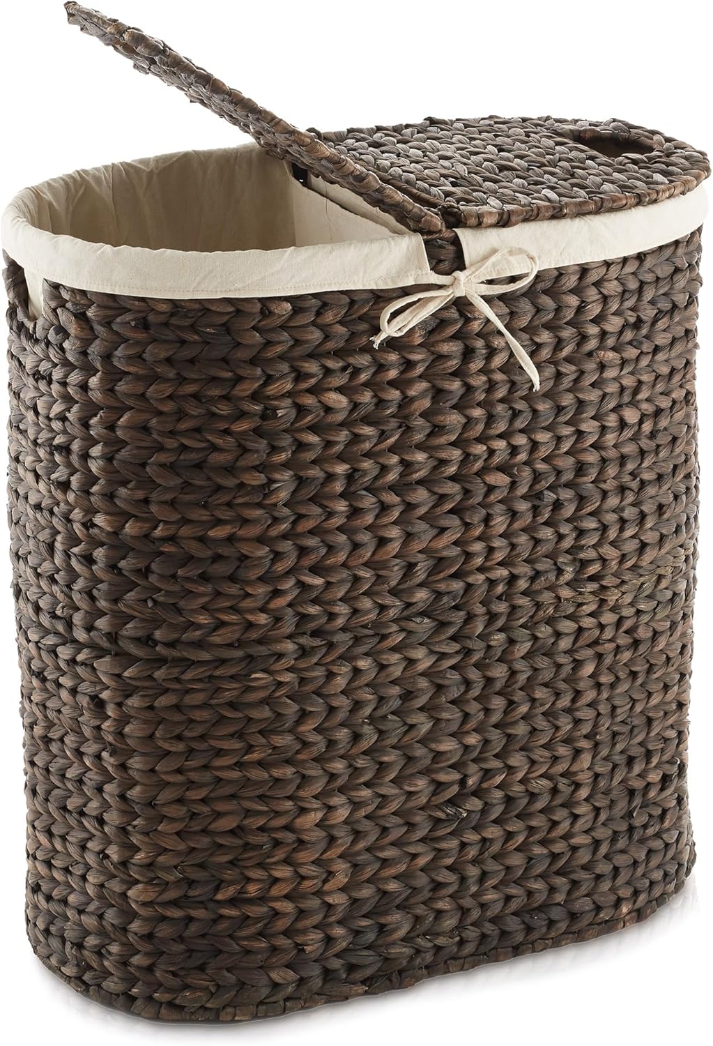Casafield Oval Laundry Hamper with Lids and Removable Liner Bags - Espresso Dark Brown, Woven Water Hyacinth 2-Section Laundry Basket Clothes Sorter