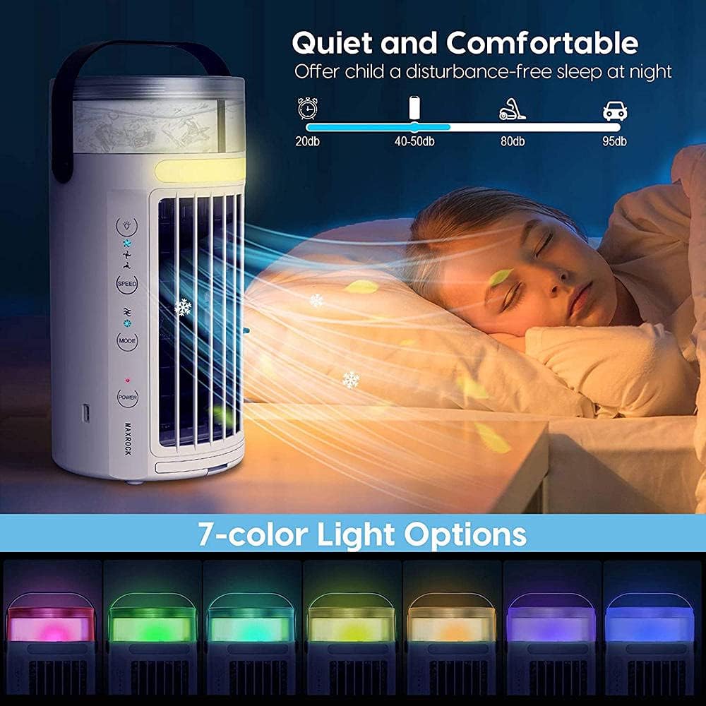 Portable Air Conditioner Fan, Mini Evaporative Air Cooler Super Quiet Desk Air Cooling Fan with Handle, 7 Colors LED Light Humidifier-White