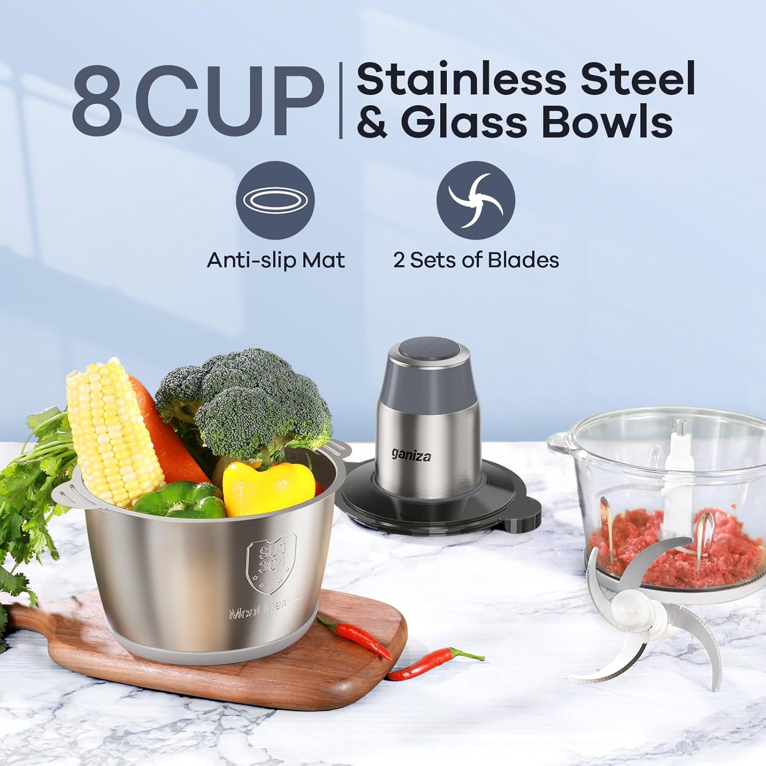 GANIZA Food Processors, Electric Food Chopper with Meat Grinder & Vegetable Chopper - 2 Bowls (8 Cup+8 Cup) with Powerful 450W Copper Motor - Includes 2 Sets of Bi-Level Blades (Grey)