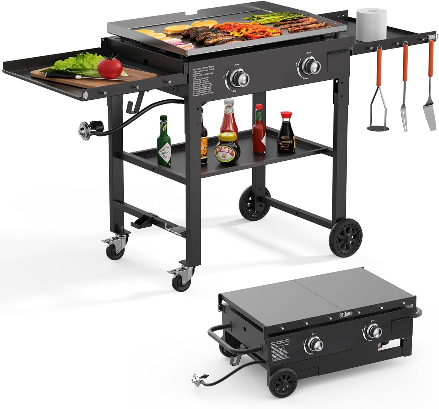 SKOK Foldable Gas Griddle-28 Inch Outdoor Propane Griddle, Portable Flat Top Gas Grill -30000 BTU Propane Fuelled, 2 Burners Table Top Griddle Station with Side Shelves
