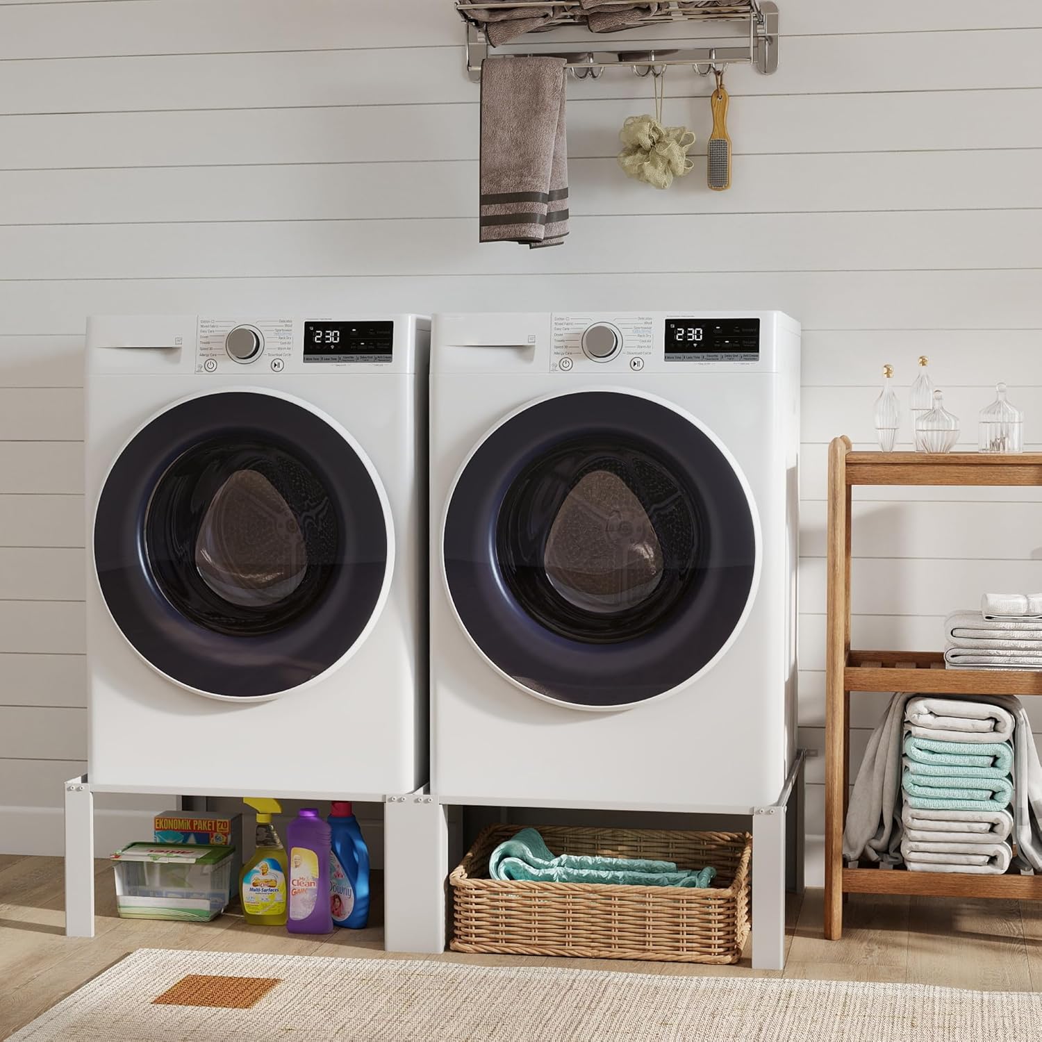 Washer Dryer Pedestal Stand, Laundry Pedestal Set, Universal Design Fits all Major Brands, Heavy Duty Frame, Thick Anti Vibration Pads, White