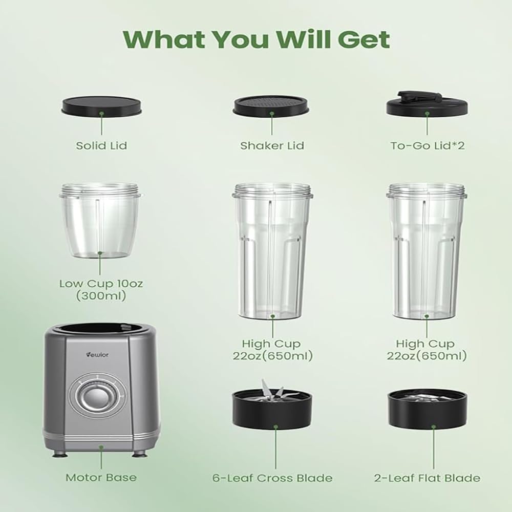 1200W High-Power Personal Blender for Shakes and Smoothies – VEWIOR Compact Blender with 6 Stainless Steel Blades, 22oz BPA-Free To-Go Cups, 3 Speed Modes (Grey)