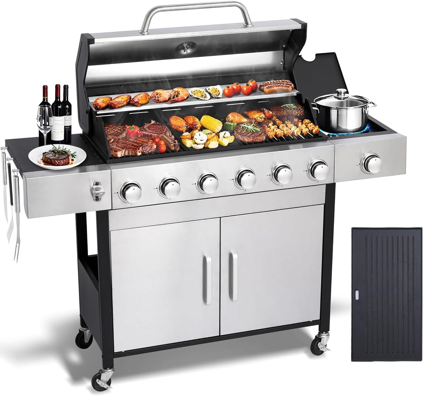 6 Burner Propane Gas Grill with Side Burner, Cast Iron Grates, Plate, Lid and Warming Rack, Large Cabinet Style BBQ Grill for Barbecue Grilling Backyard Cooking, 620 SQ. IN. Cooking Area
