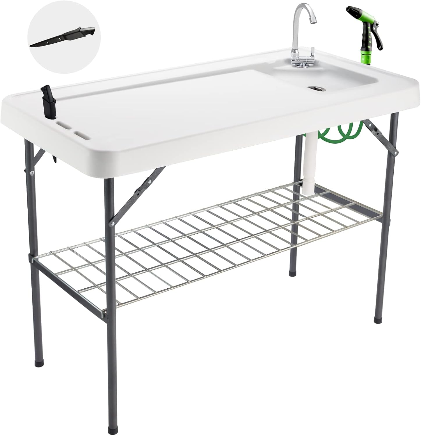 Folding Fish Cleaning Table Portable Camping Sink with Faucet Drainage Hose & Sprayer Outdoor Fillet Station Grid Rack Knife Groove for Picnic Fishing, Black