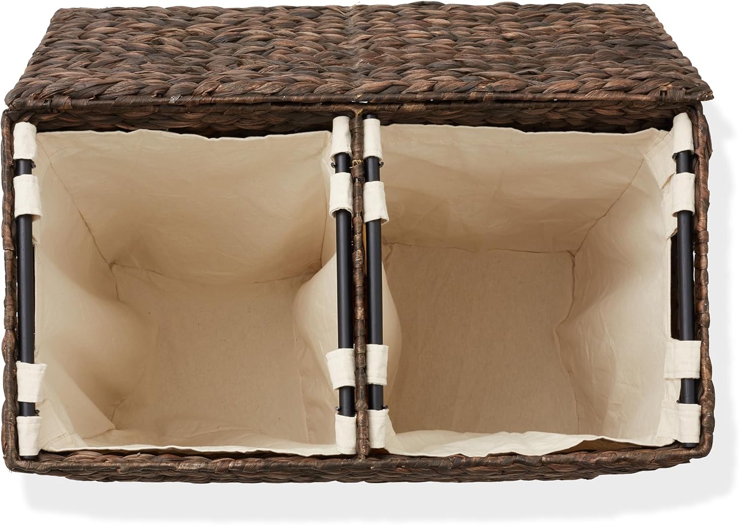 Casafield 2-Section Laundry Hamper with Removable Liner Bags - Espresso Dark Brown, Woven Water Hyacinth Double Laundry Basket Sorter for Clothes