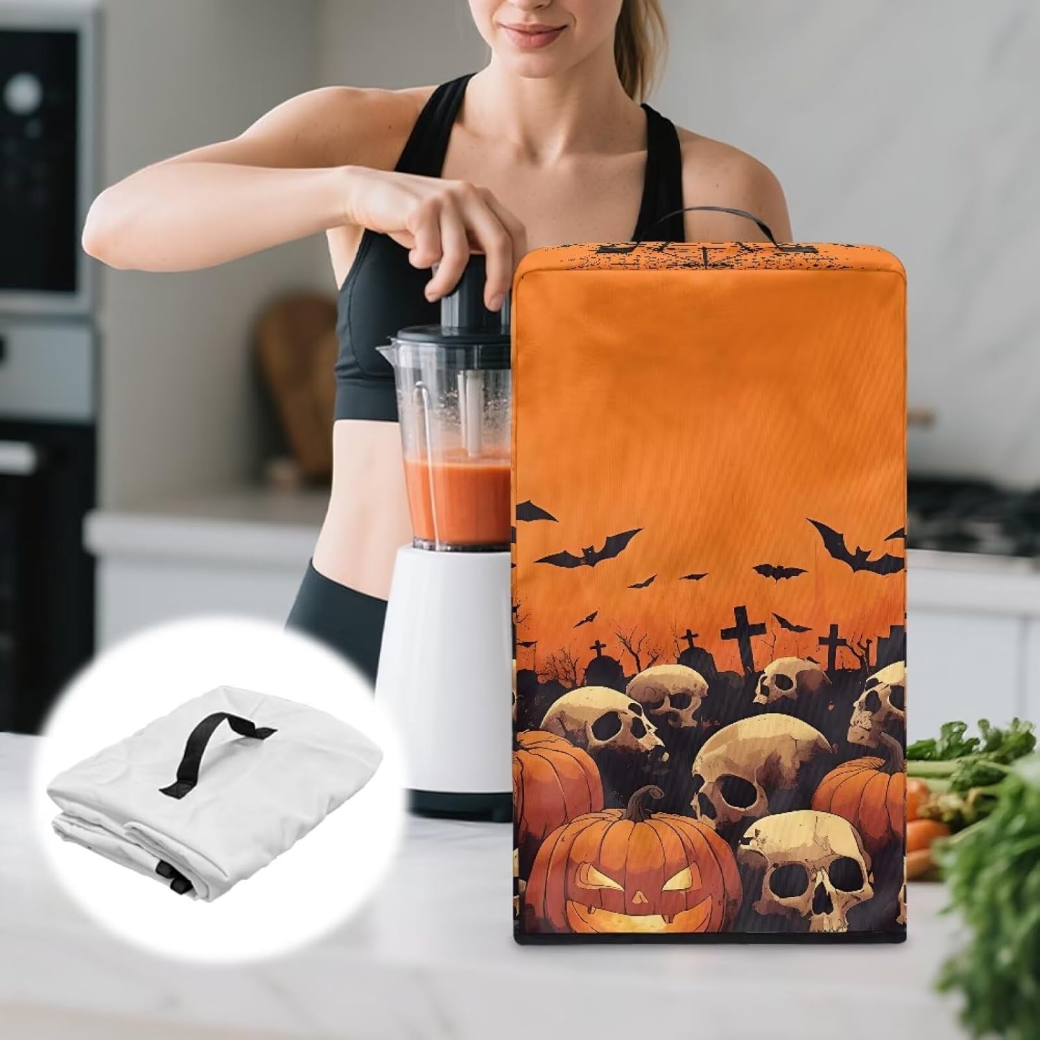 Foldable Juicer Cover – Blender Dust Proof Cover, Fits Most Stand Mixers, Machine Washable, Stylish Floral Print, Home Kitchen Skull Pumpkin With Bat